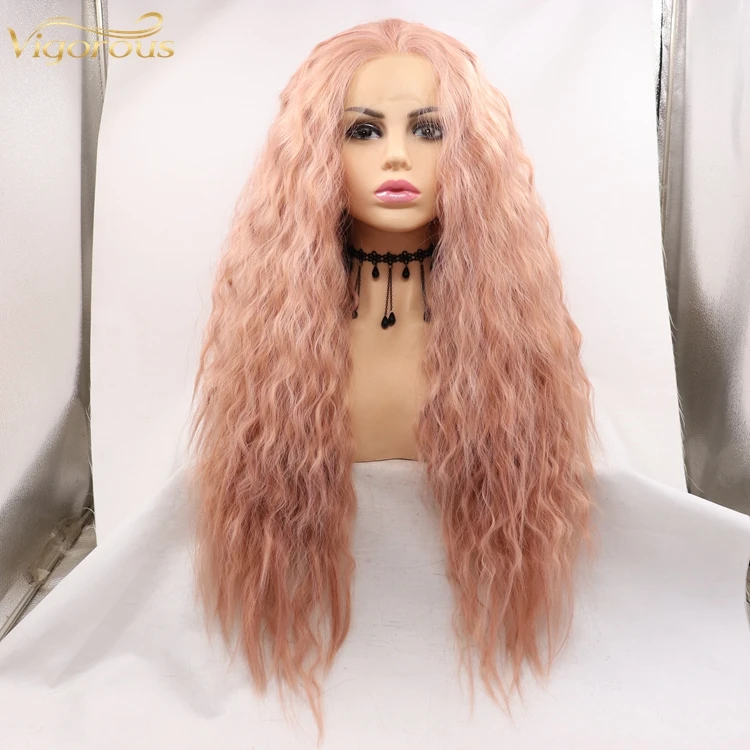Lovely Pink Mono Long Curly Premium High Quality Water Wave Wholesale Cheap Women Glueless Lace Front Synthetic Hair Wigs
