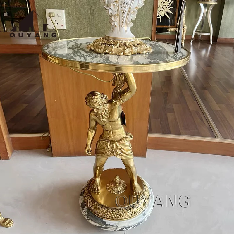 QUYANG European Style Classical Home Decoration Metal Luxury Furniture Man Sculpture Gold Brass Side Table With Human Statue