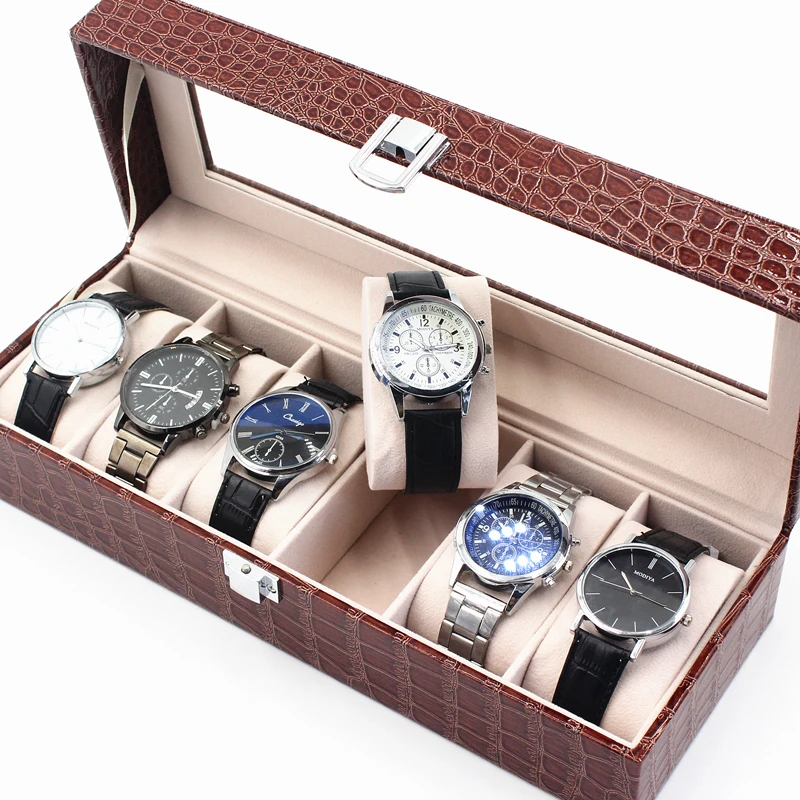 Custom logo luxury watch storage croco pu leather 6 grids watch gift box
