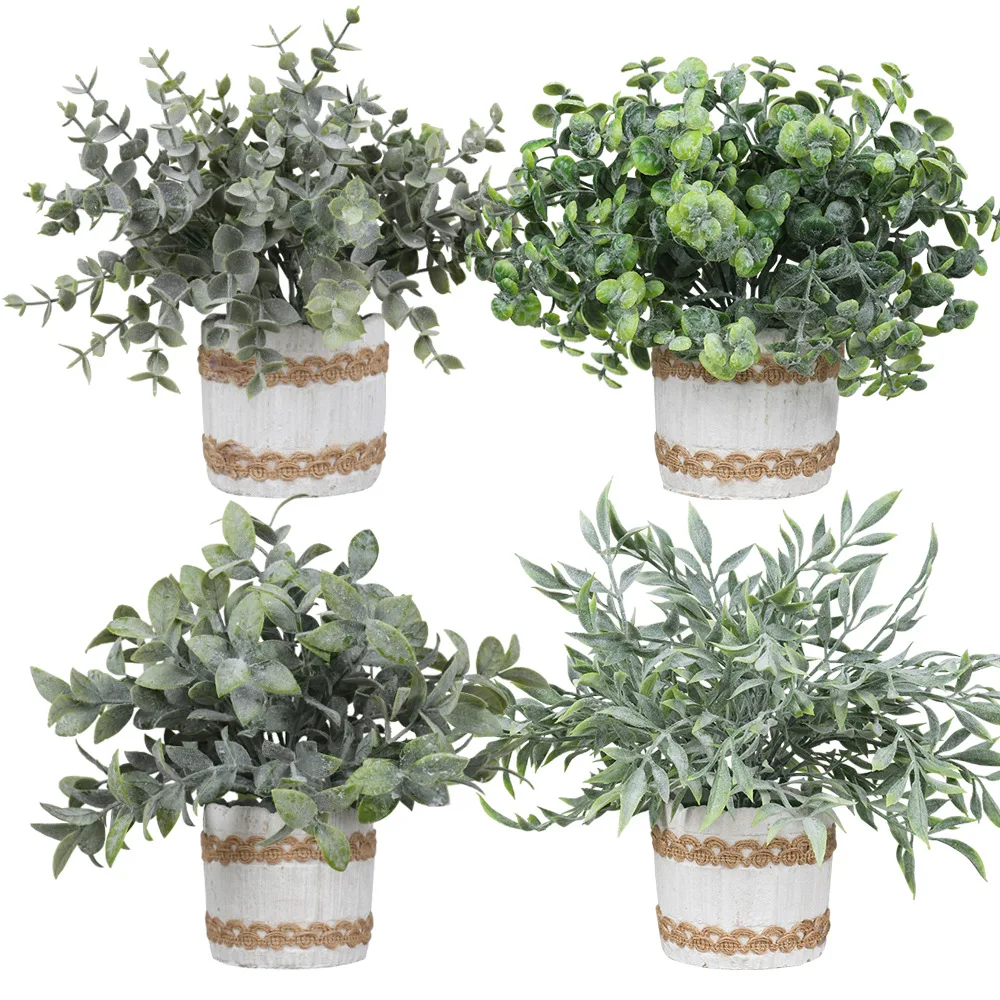 Home Office Desk Decor Mini Potted in Cement Pot Plants Artificial Plastic Eucalyptus Plants