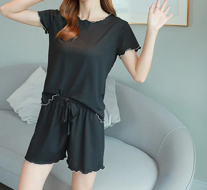 Pajama women summer new ice silk thin short sleeve shorts with large size home wear two sets