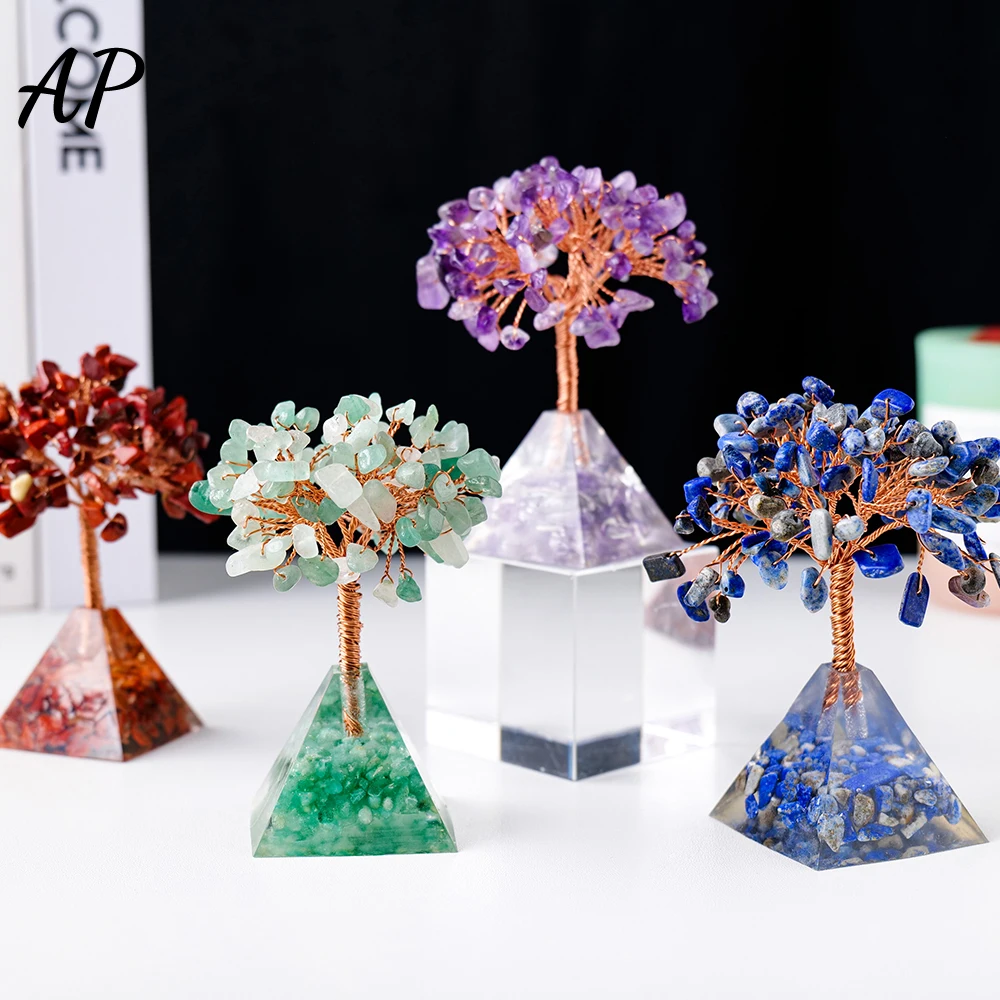 Feng Shui Lucky Tree of Life Copper Gemstone Crystal Money Tree Orgone Pyramid Base for Christmas Decoration