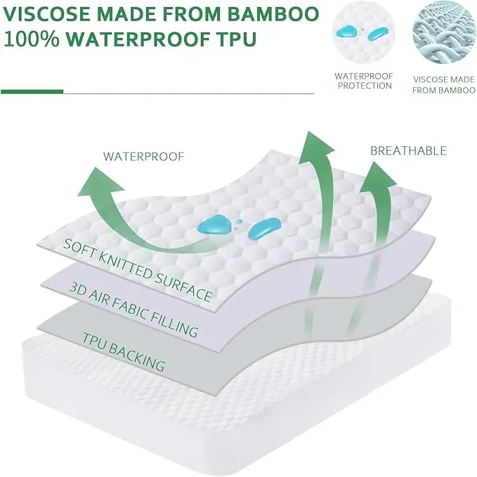 Waterproof King Size Mattress Protector, Viscose Made from Bamboo 3D Cooling Breathable Air Fabric Soft Mattress Pad Cover