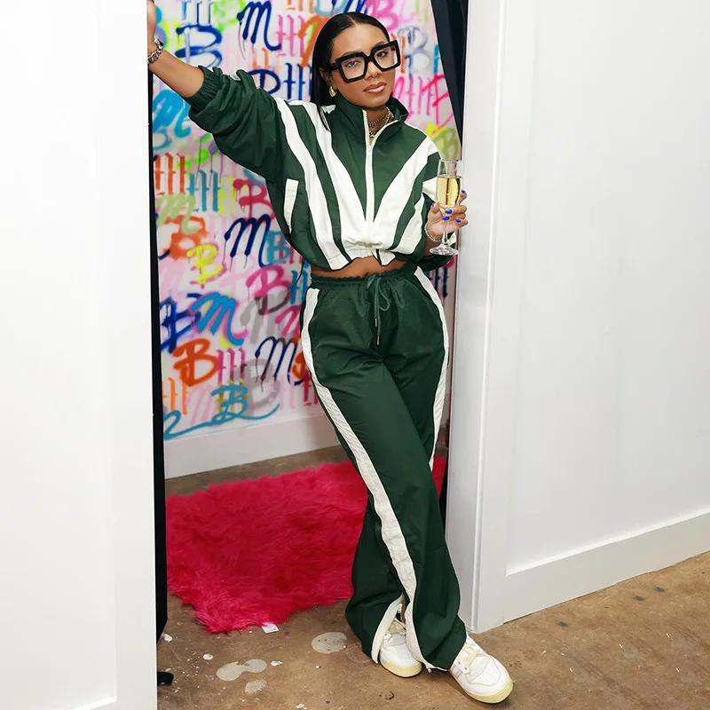 Spring splicing long sleeved short jacket and pants casual two piece women clothing set