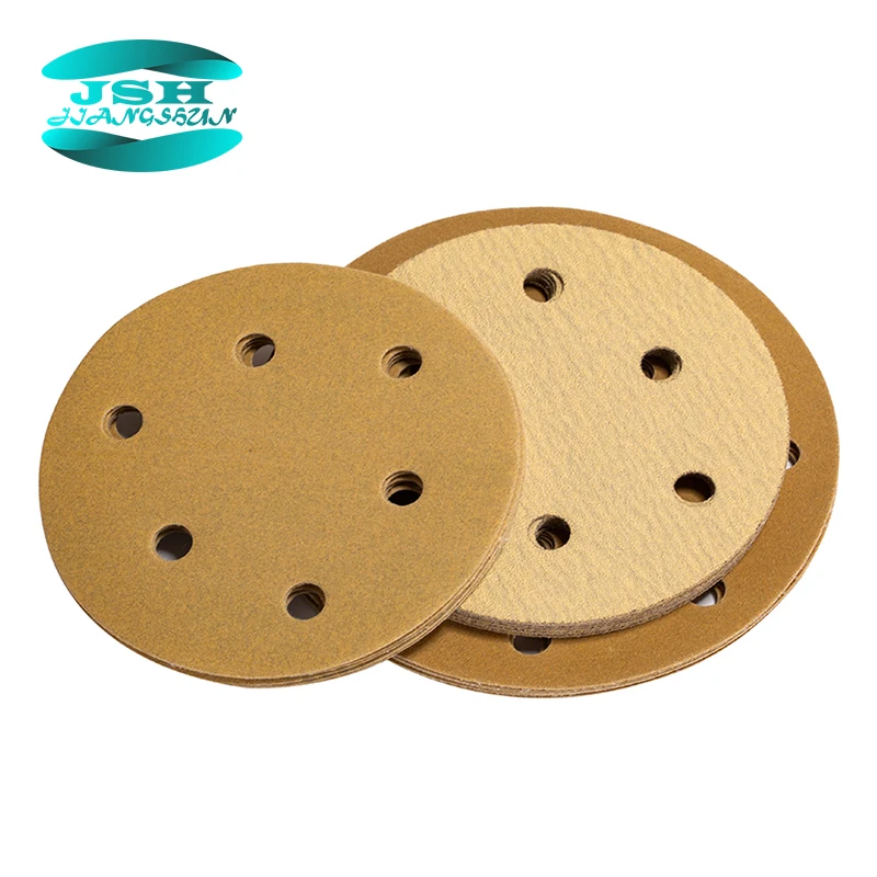 
5' hook and loop metal rust removing round sandpaper aluminum oxide abrasive gold sanding disc 