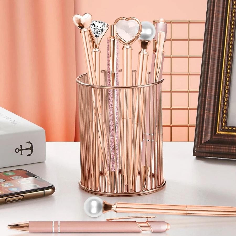 Girls Rose Gold Ballpoint Pens Metal Crystal Diamond Pen Pretty Cute Fancy Liquid Sand Glitter Black Ink Pens for Journaling