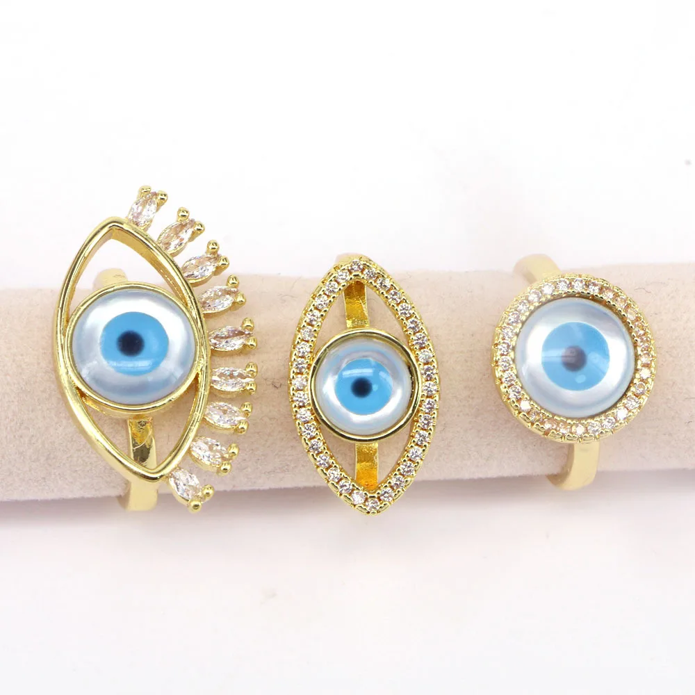 Fashion Natural Shell Gold Plated  Eye Ring  Adjustable Zircon Devil Eye Rings For Girls Jewelry