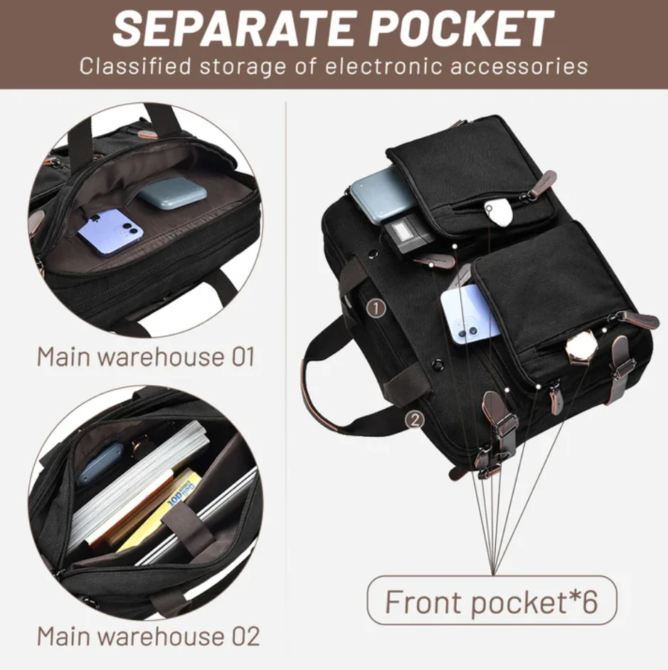 Customized Professional Travel Stylish Canvas 14 15.6 inch 3 in 1 Business Laptop Briefcase Computer Laptop Bag