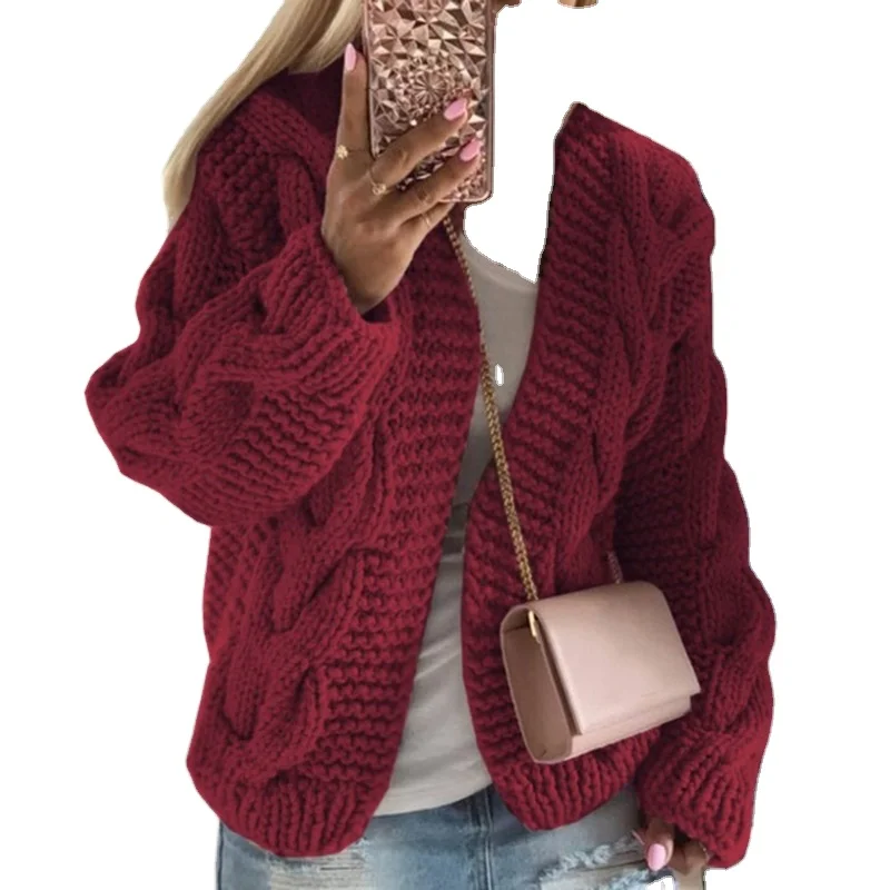 VSCOO ready to ship warm wool long sleeve cardigan women cable knitted solid color open stitch sweater