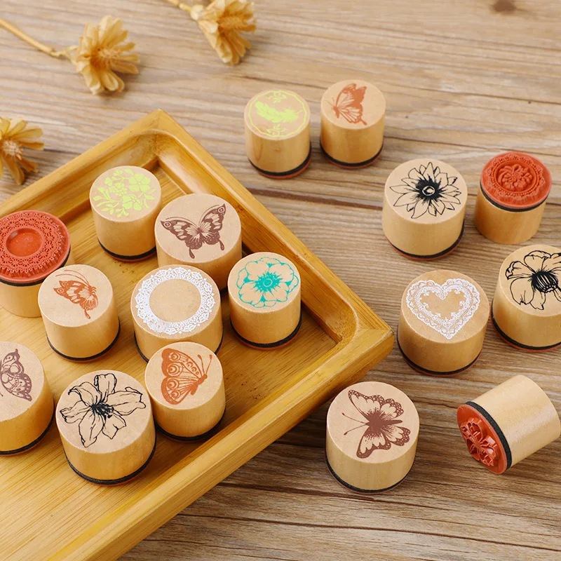 STICKERS PUNK 8 Pcs/set Wooden Stamp Floral Butterfly Pattern Rubber Stamp Round Lace Wooden Rubber Stamp for Scrapbooking 05337