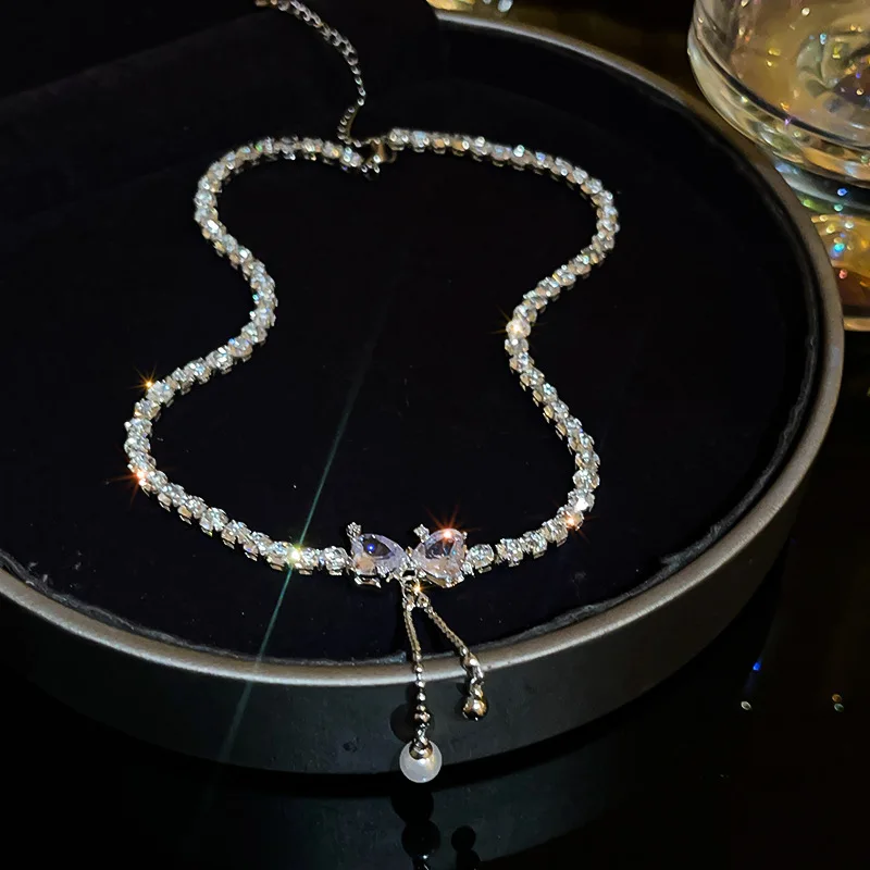 Exaggerated diamond bow pearl niche temperament collarbone chain fashion light luxury senior sense of jewelry necklace female