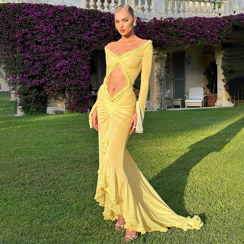 fashion summer 2024 solid color pullover long sleeve low cut sexy long beach club women casual dress