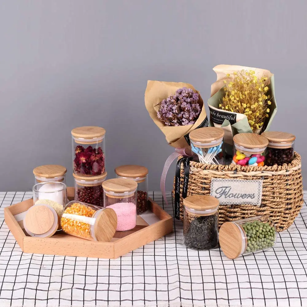 6.5cm 12pcs Set High Airtight Kitchen Food Storage Container Organizers Glass Spice Jar with Bamboo Lids