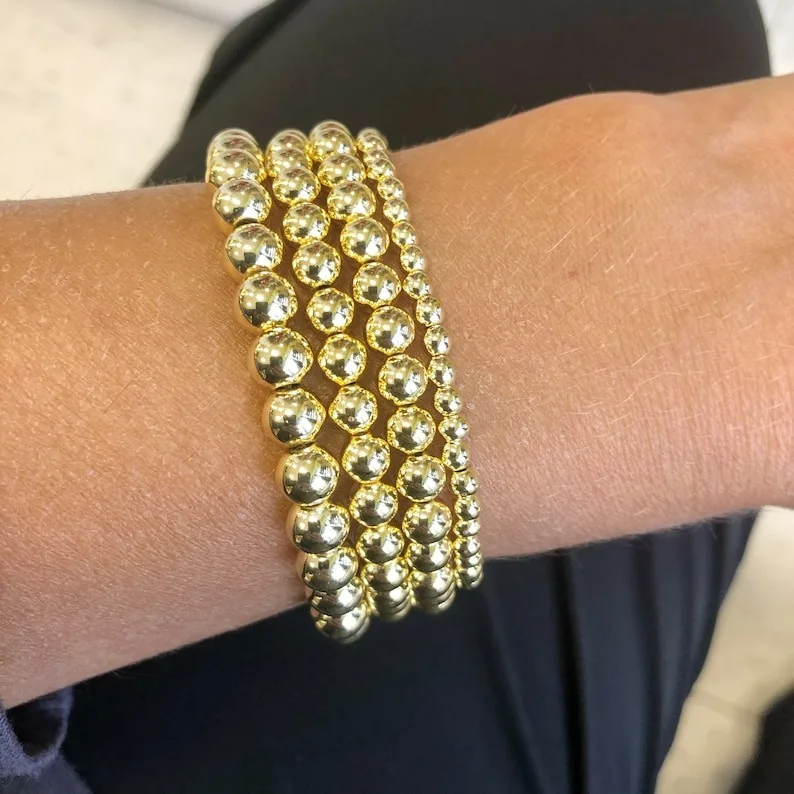 Minimalist 4mm 5mm 6mm 8mm Gold Bead  Bracelet Shiny Women Girls Jewelry Stretch Beaded Bracelet For Gifts
