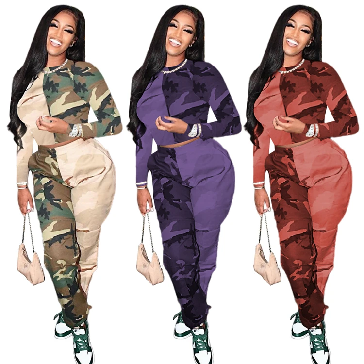 2022 New Female Outfits Long Sleeve Camo Patchwork Jog Pants Fall Women Clothing Two Piece Set