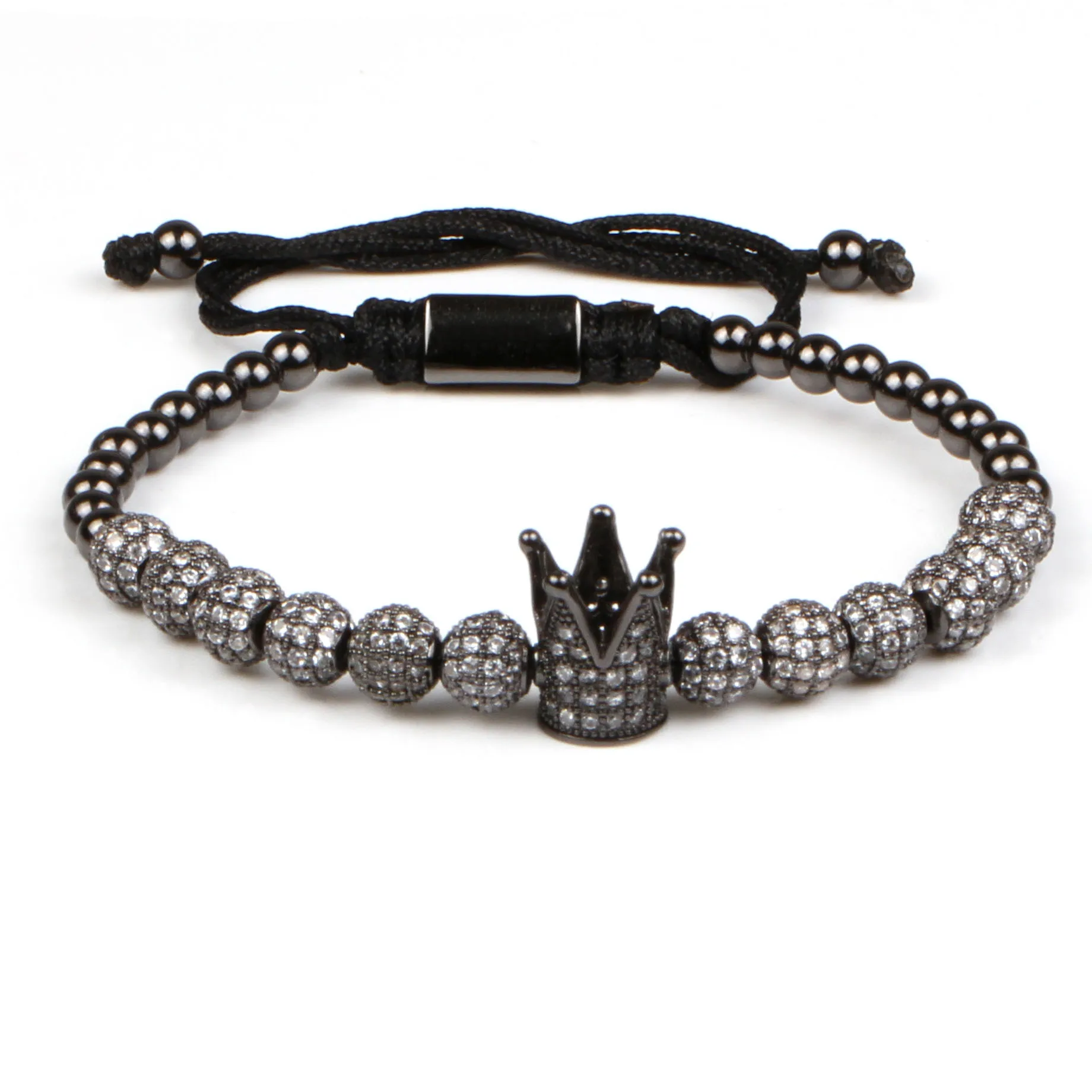 New Luxury Custom Jewelry Crown CZ Balls Zircon Spacer Bead Bracelet Charm Braided Macrame Adjustable Men Bracelet