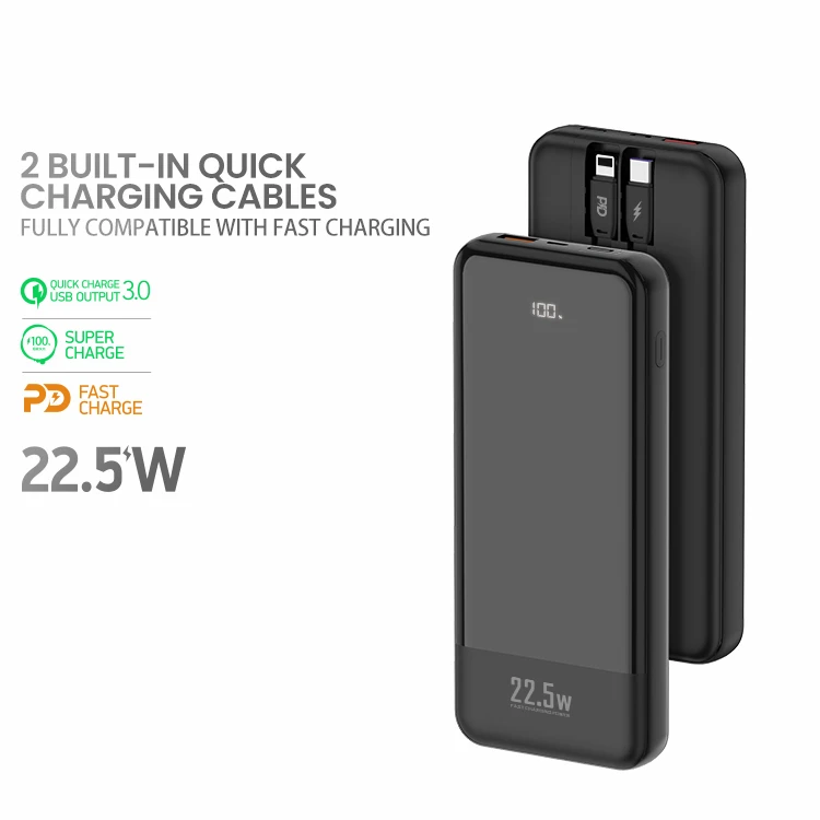 FONENG brand led display showing 10000mAh capacity power bank 22.5W fast charging slim body power bank buiding with cables
