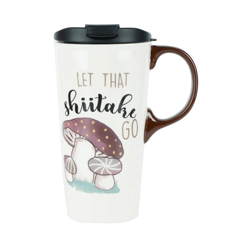 17oz Mushroom Tall Ceramic Travel Mug with Sealed Lid and Handle