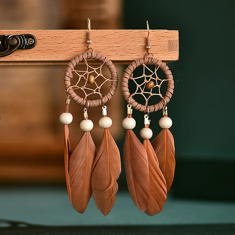 Bohemian Dreamcatcher feather long handmade retro fantasy tassel dream catcher earrings