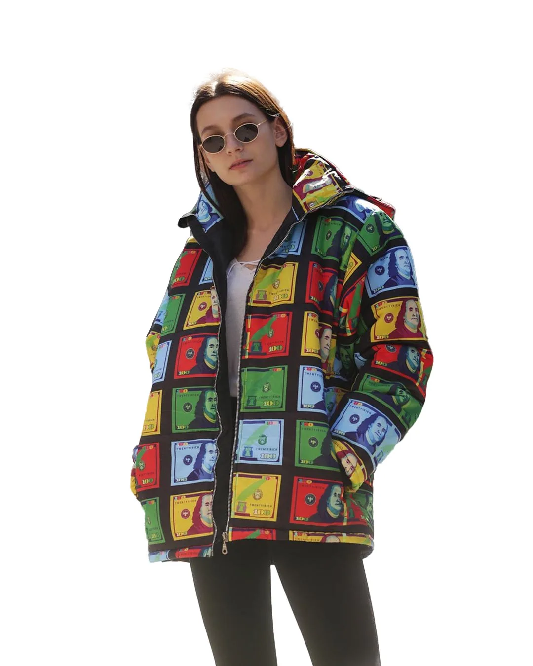Winter color dollar bill printing and dyeing bread jacket hooded down jacket quilted jacket for women