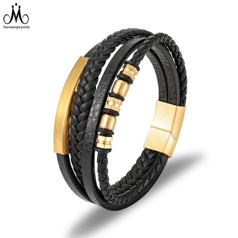 Trendy Genuine Leather Bracelets Men Stainless Steel Beads Multilayer Braided Rope Bracelets For Male Bracelets Jewelry