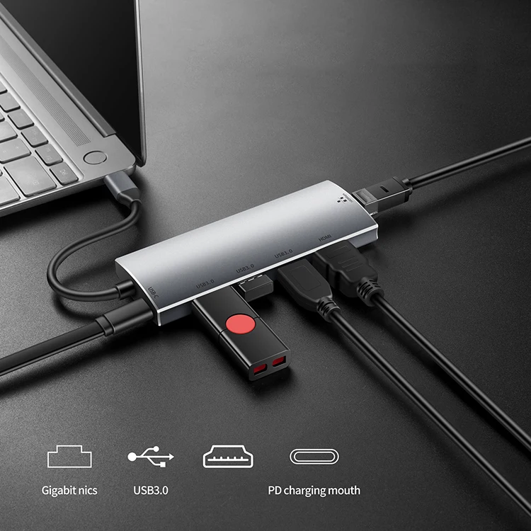 Type c adapter hub 6 in 1 aluminum 3.0 usb hubs plus RJ45 Gigabit Ethernet LAN power deliver usb docking