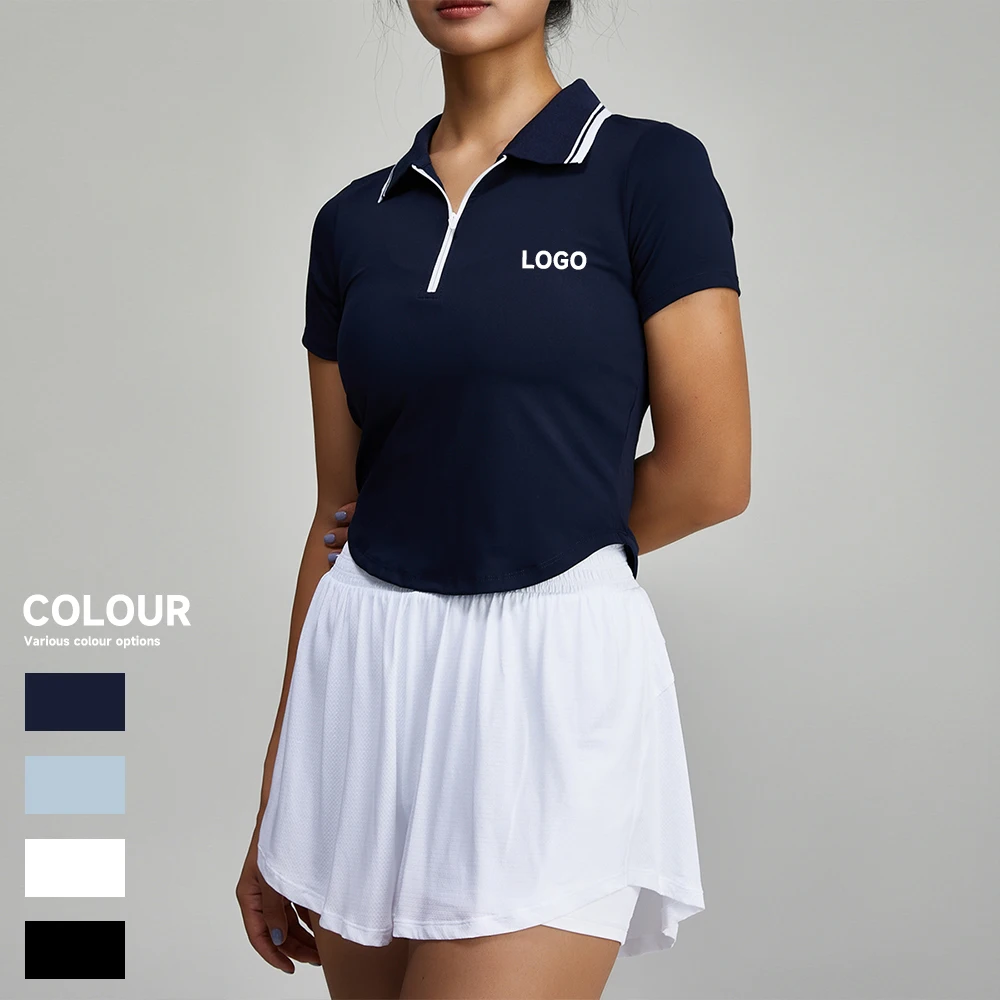 Luckpanther White Stripes Polo Neck Aesthetic Tennis Sports Wear Women Front Half Zipper Polo T-shirts Casual Crop Tops