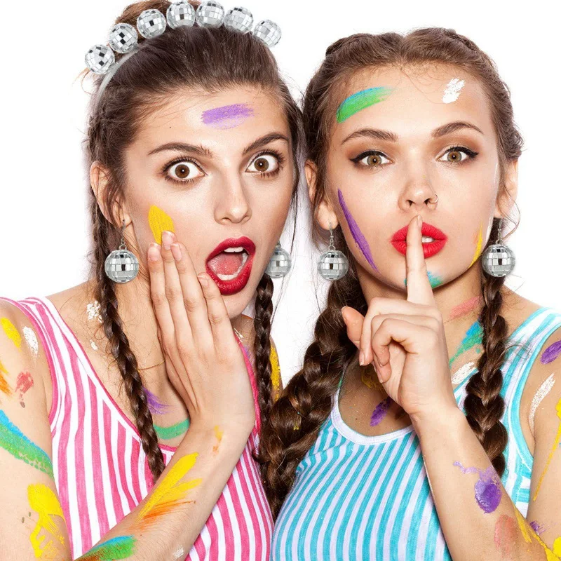 Silver disco ball earrings and vintage disco ball headband costume party accessories