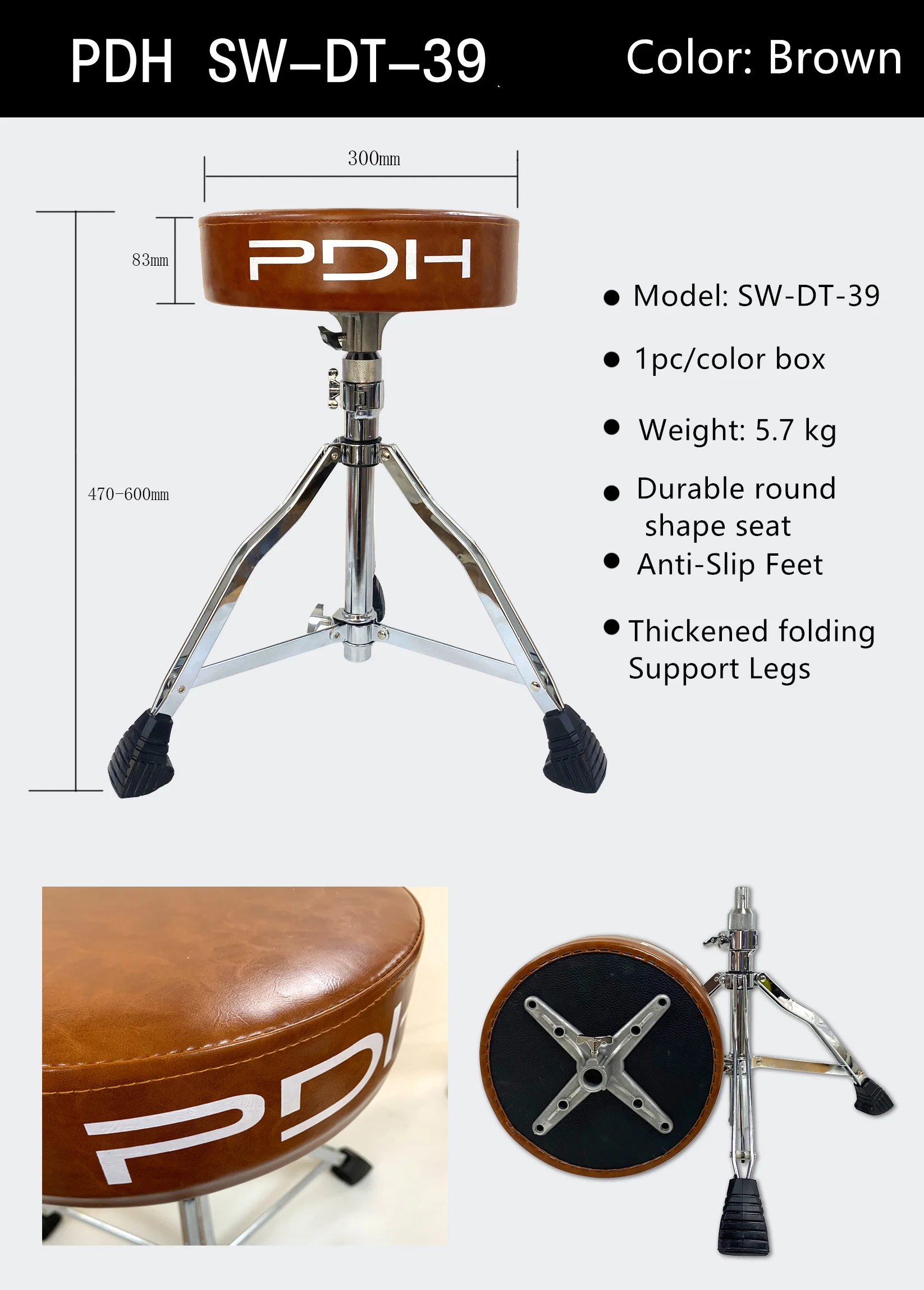 PDH Drum Throne ,Padded Drum Seat Portable Height Adjustable Drumming Stools with Anti-Slip Feet for Adults and Kids