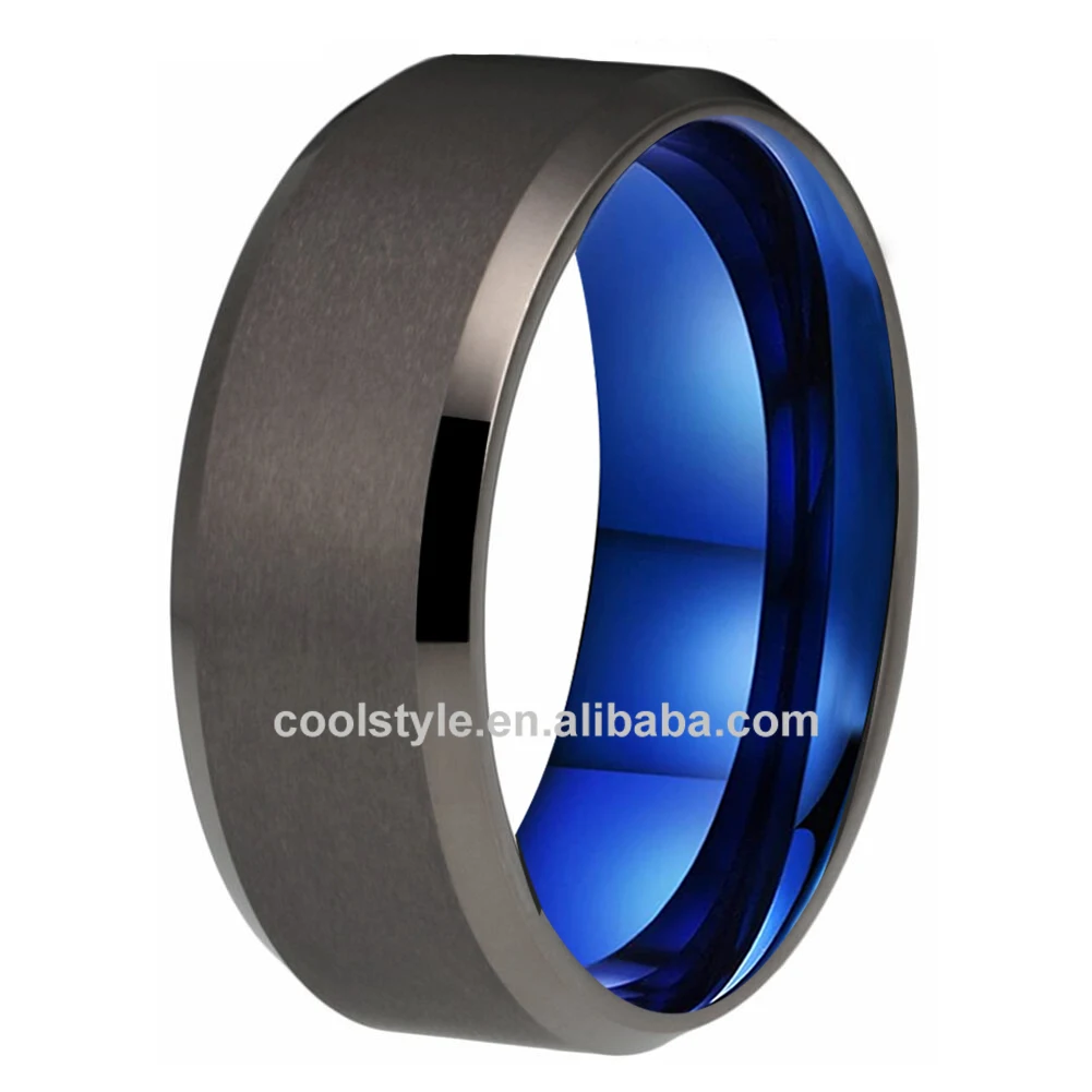 
8mm Blue Gunmetal Tungsten Carbide Ring For Men Women Engagement Wedding Band Two Tone Beveled Edges Matte Finish Comfort Fit 