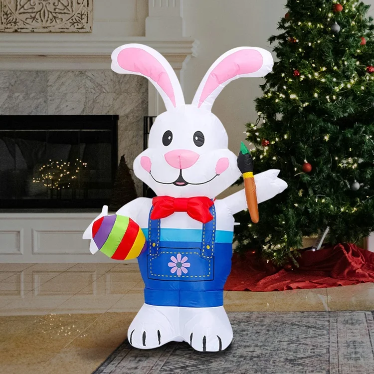 Outdoor Easter Inflatable Blue Bunny Holding Egg Inflatable Easter Rabbit Party Festive Outdoor Yard Inflatable Easter Decor