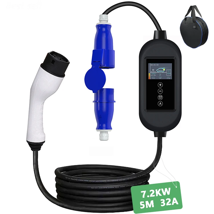 7KW EV Charger Current Adjustable 8A/10A/16A/32A,  Type 2 2.4inch Color Screen Portable Electric Charging station