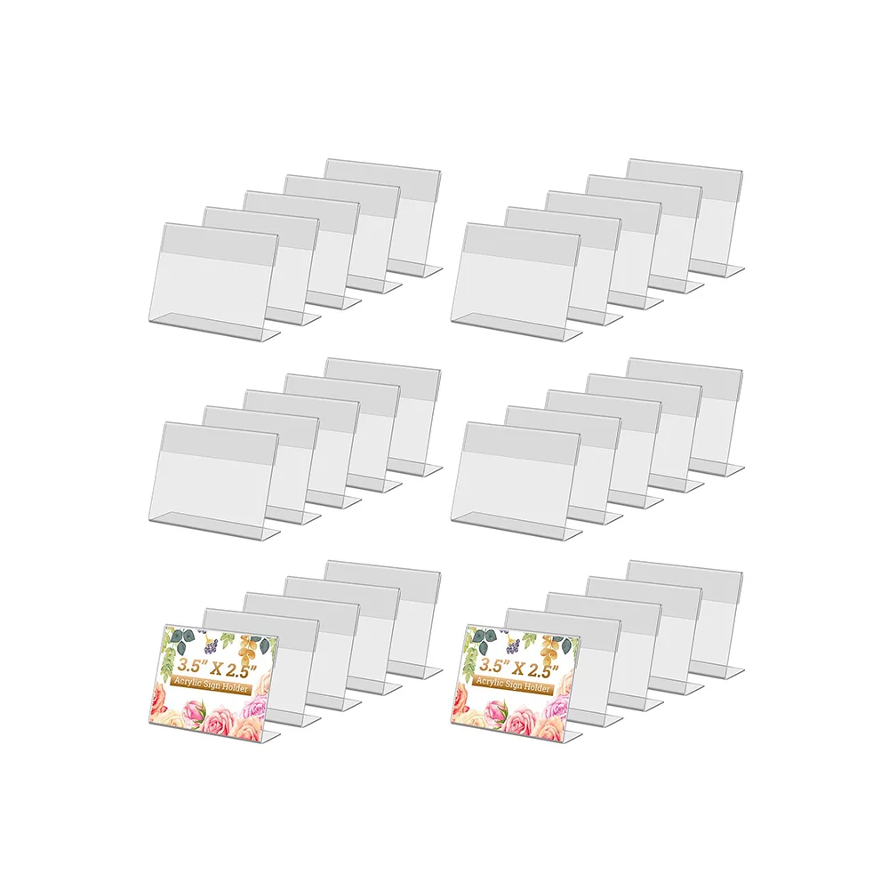 Mini Clear Acrylic Sign Display Holder With Blank Labels,Horizontal Slanted L-shape Name Card Price Card Tag Label Counter Top
