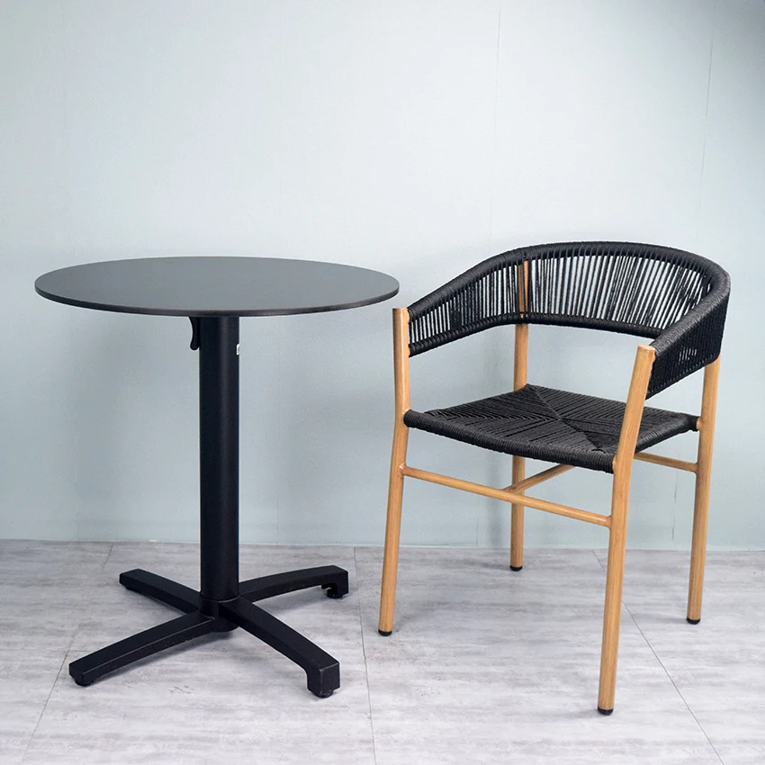 Black Aluminum Restaurant Cafe Chair Natural Woven Rattan Dining Seat for Patio Garden Hall Villa School Workshop