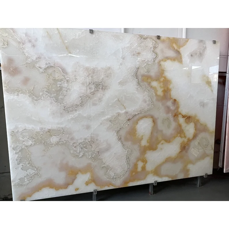 Book Match Translucent Onyx Wall Panel Cladding Decoration Orange Yellow Veins White Onyx Marble Slab