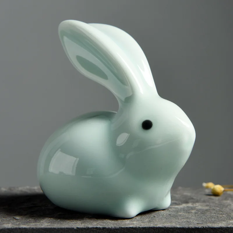 Lucky Fengshui porcelain Rabbit Figure for table top decoration Cute small ceramic rabbit figurine
