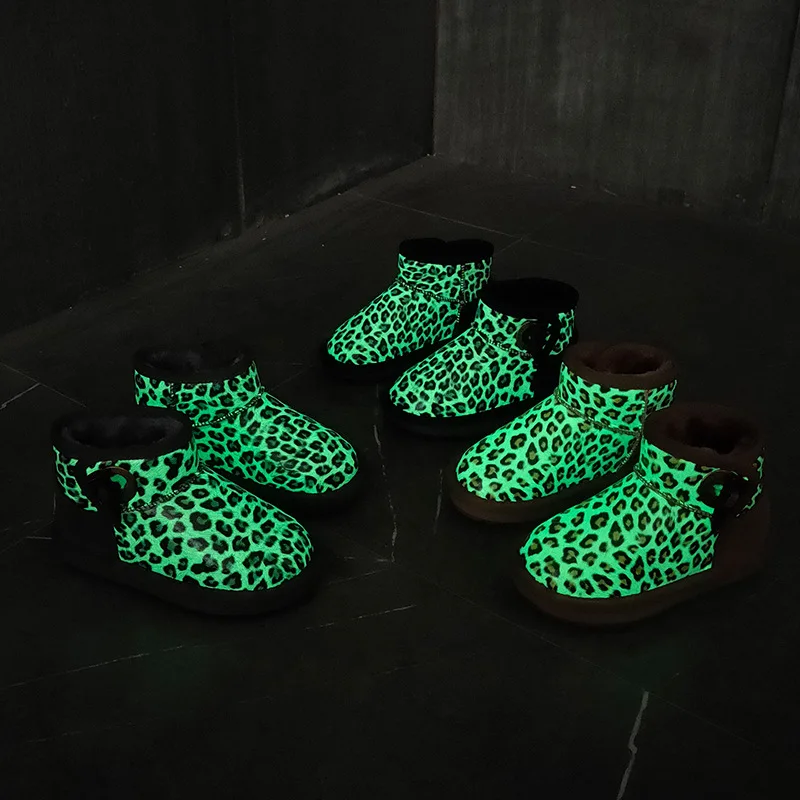 2021 Autumn New Arrival Women Waterproof Real Cow Leather Macarons Snow Boots Kid Real Wool Fur Glow-in-the-dark Boots