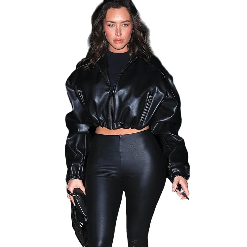 2024 Spring and Autumn Fashion Long Sleeve Zipper Short Open Navel Slim Fit Leather Jacket Hoodie
