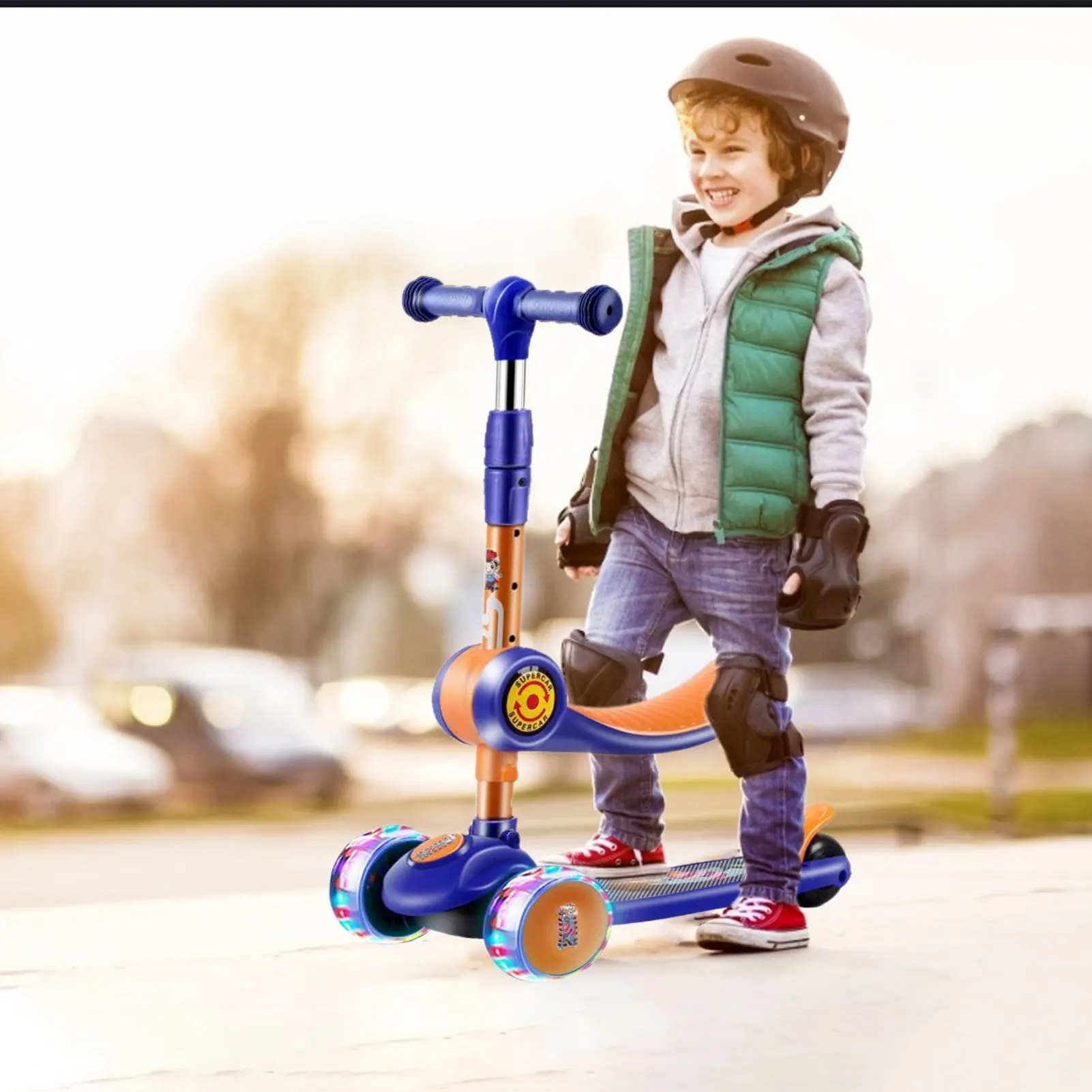 
Kids 3 Wheel Kick Scooter with Foldable Seat and Light Up Wheels 