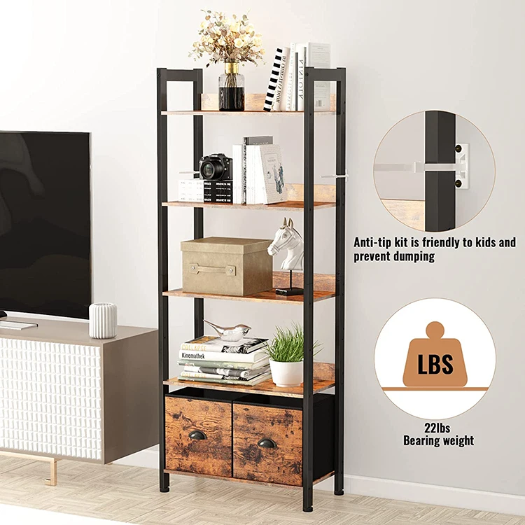 5 Tier Book Shelf Wooden Bookshelf Rustic Bookshelves Living Room Wood and Metal Storage Shelf with 2 Storage Drawers