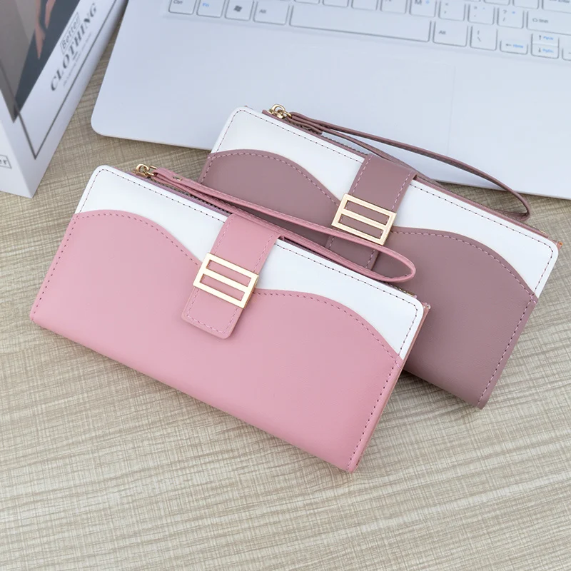 Fashionable Long Women Wallet Multi Card Bag Zipper Snap Button Wallet Contrast Soft Leather Wallet Handheld