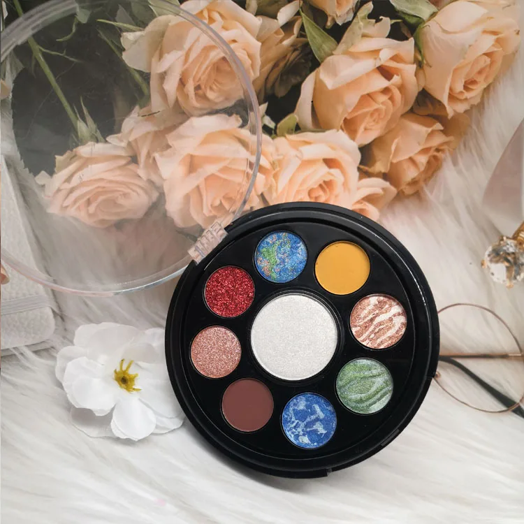 High quality multi color factory price 9 color rotating eyeshadow palette round high pigment eyeshadow palette