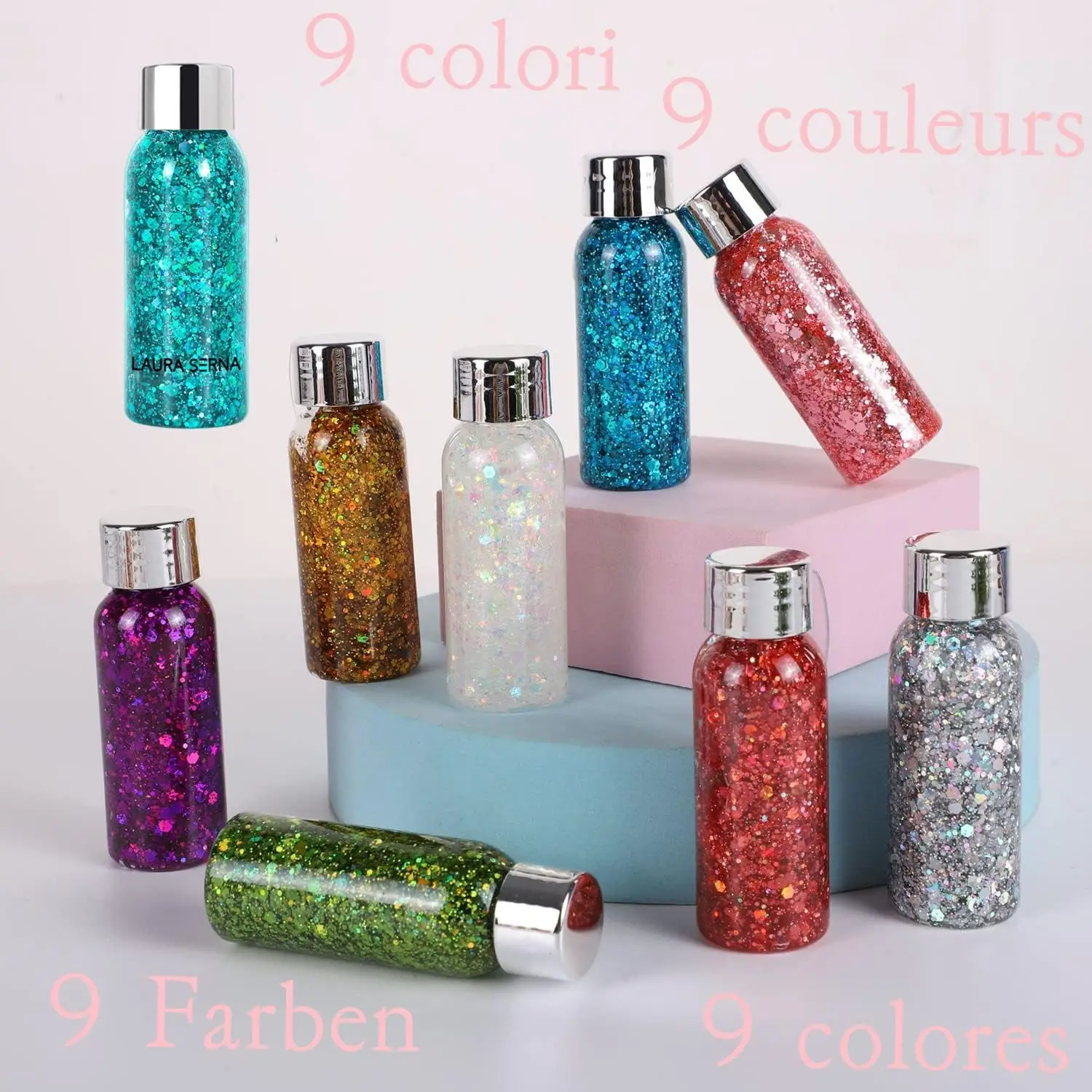 9 Pack Body Glitter Gel Mermaid Sequin Chunky Glitter Face Hair Nail Lip Lasting Sparkling Lotion Glitter Liquid Eye