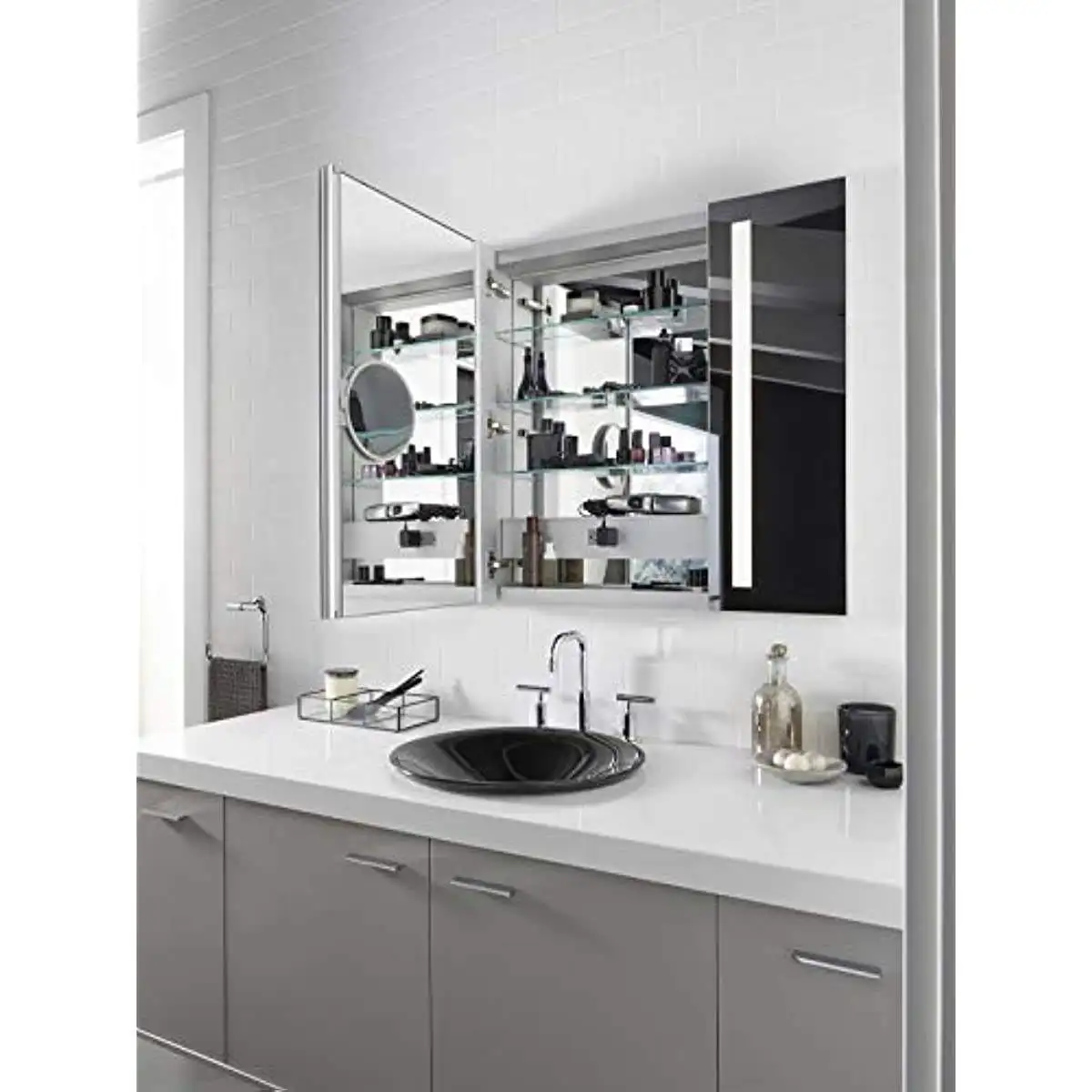 Recessed or Surface Mount Lighted Aluminum Bathroom Medicine Cabinet with Mirror