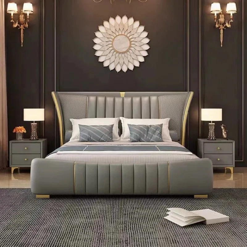 Home King Size Big Headboard Leather Upholstered Italian Style Modern Luxury Bed Room Frame Set Bed room Furniture