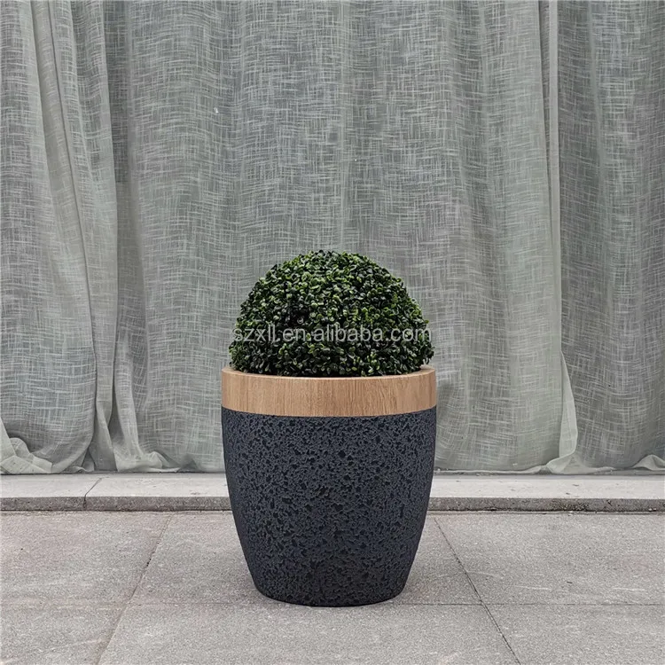 Indoor wood grain color floor standing large vase stone paint fiberglass decor plant pot decorated rooms vase