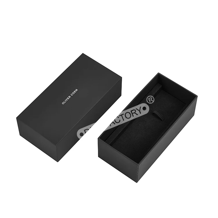 Factory supply cardboard paper matte black two pieces watch packaging custom lid and base watch gift box with velvet insert