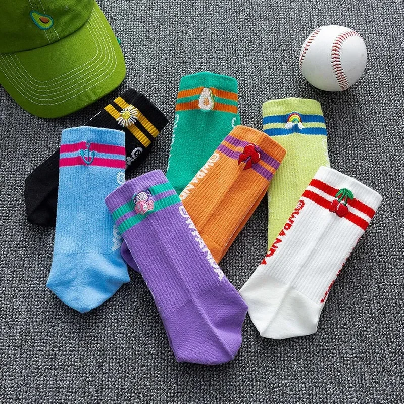 7/Lot Cotton Knitting Striped Long Socks Solid Color Harajuku Retro Black White Crew Socks Japanese High School Girls Cute Socks