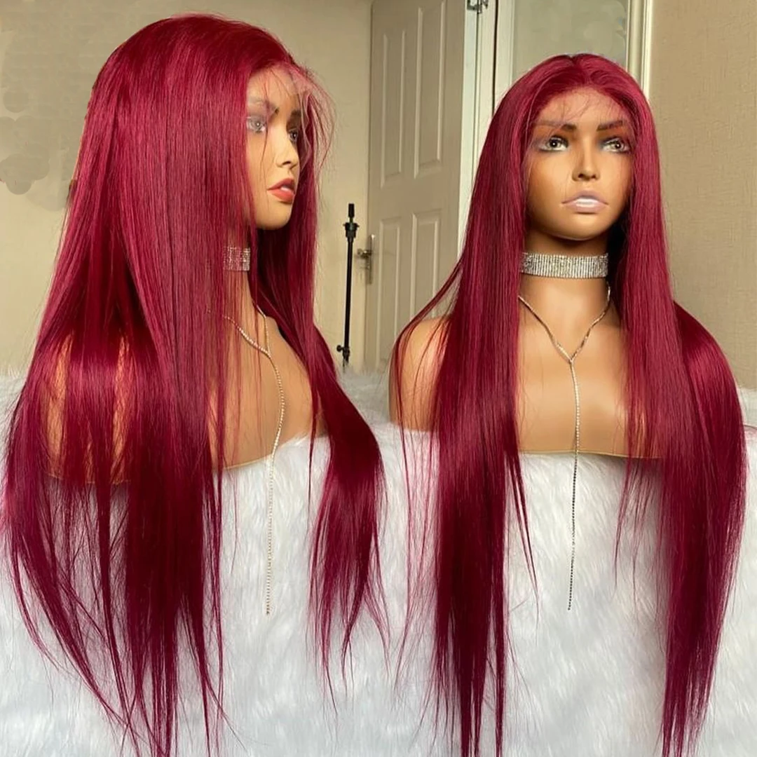 Cheap 99J Burgundy Colored Straight Human Hair Full Hd Lace Front Wig Transparent Lace Frontal Wigs For Black Women Hot Selling