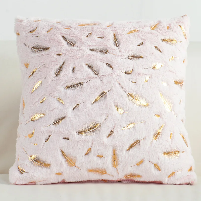 Wholesale Faux Fur Gold Feathers Gilding Throw Cushion Cover Soft Plush Fuzzy Cozy Home Decor Pillow Case 18x18 Inch For Sofa